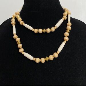 Boho Bead & Faux Bovine Long Brass Necklace